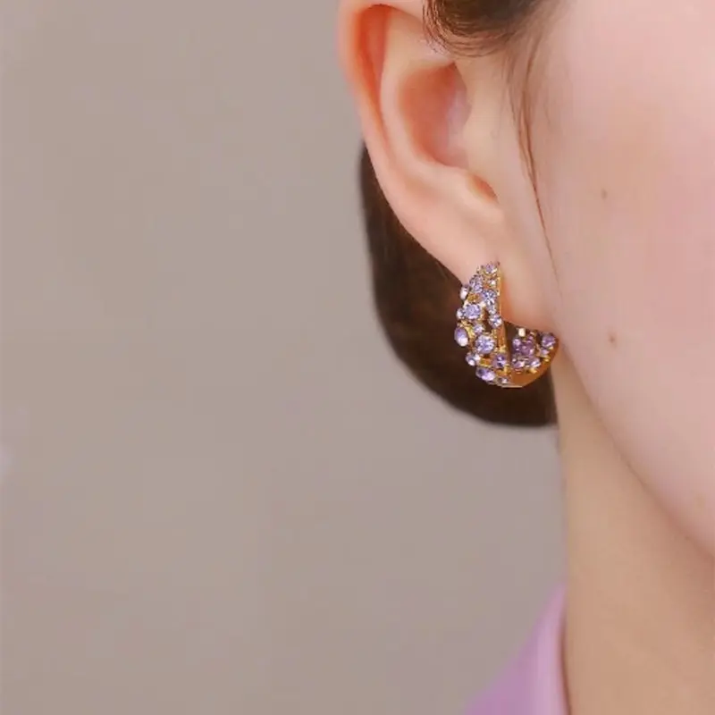 Luxury Violet Purple Full-Diamond Hoop Earrings - Niche Design, Elegant Statement Piece, High-End Artificial Gemstone Ear Accessories for High-End Fashion Enthusiasts, Fashion Lovers, Complementary to Any Outfit E50162-EH, Luxurious Look, Ultra-Shiny