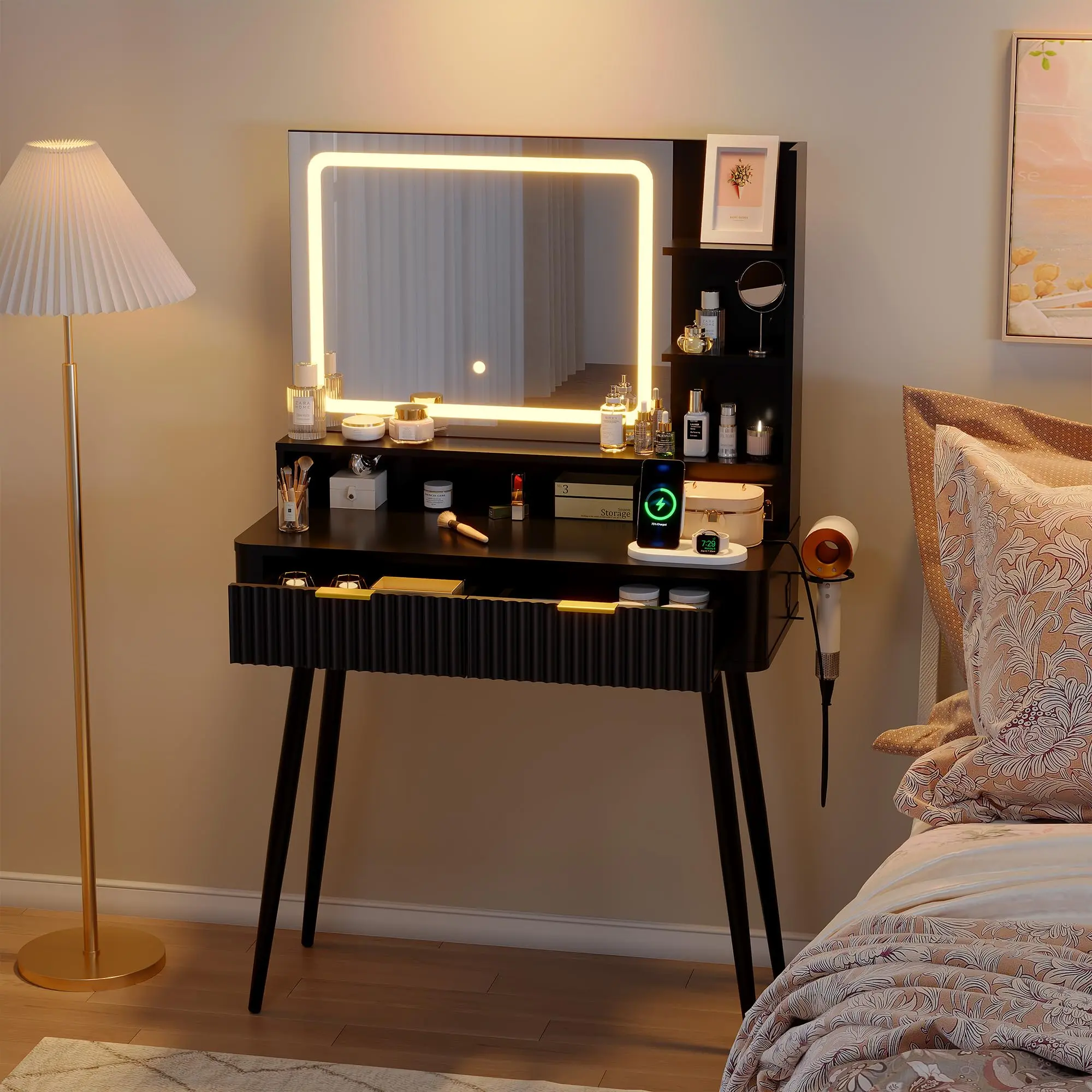 Fluted Vanity Desk with Mirror and Lights, 31 in Small Makeup Vanity Storage Cabinet & 2 Drawers, 3 Lighting Modes, Stylish Dressing Table for Bedroom