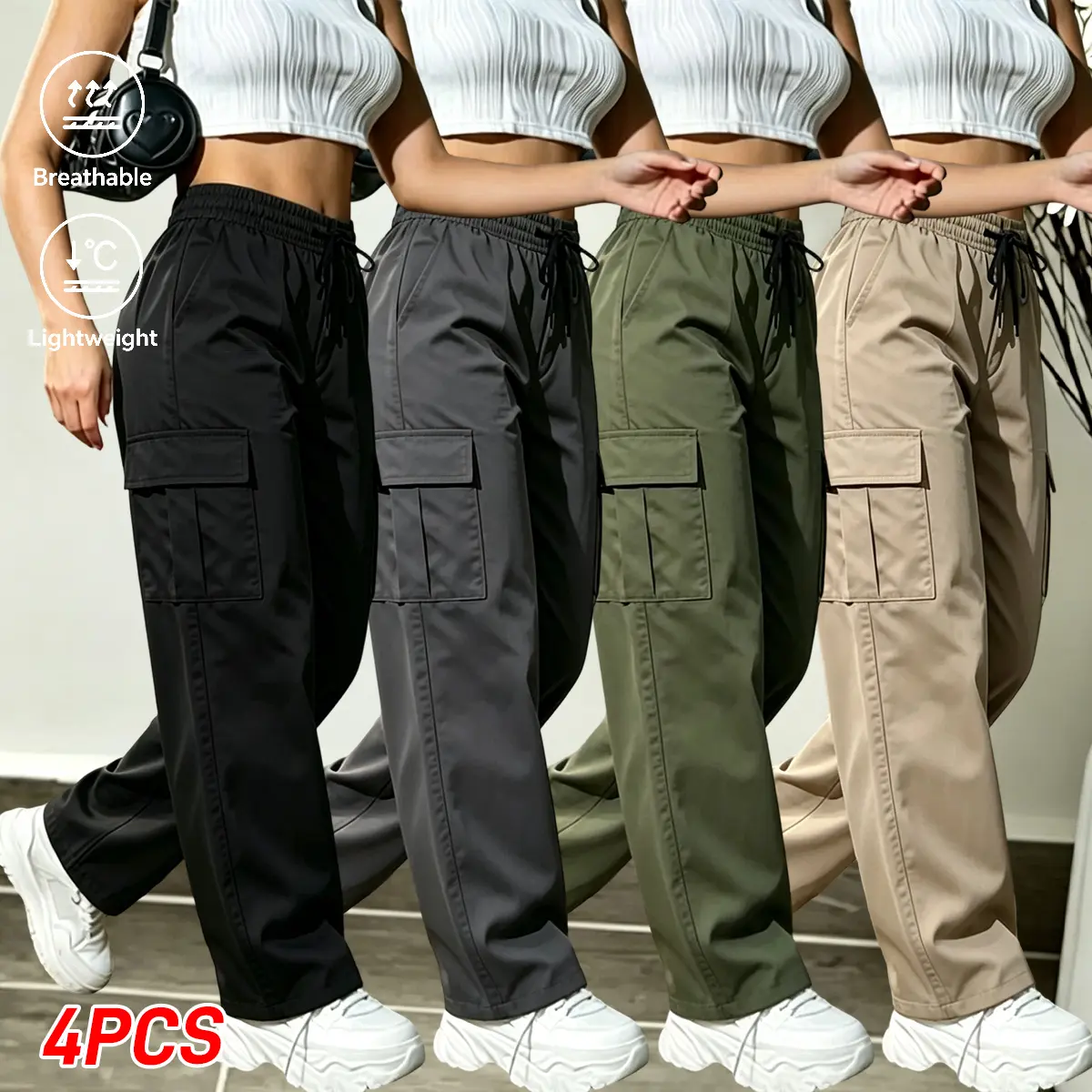 Multi-pack women’s solid-color cargo pants; men’s new casual cargo sport pants with 3D cargo pockets and multiple large pockets; tactical pants suitable for all seasons; autumn/winter straight-leg long work pants.