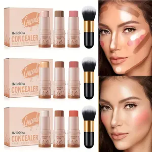 Hellokiss 3-Piece Cream Makeup Set - Beauty Cosmetics Waterproof Blush, Highlighter & Multi-Balm Stick with Brush, Buildable Medium Coverage with Plant-Derived Squalane, Flawless Festive Look for Halloween, Thanksgiving & Christmas