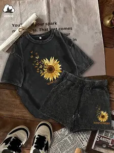 Women's Summer Street Style Sunflower Print T-Shirt & Shorts Set, Casual Fitted Round Neck Top, Cotton Two-Piece