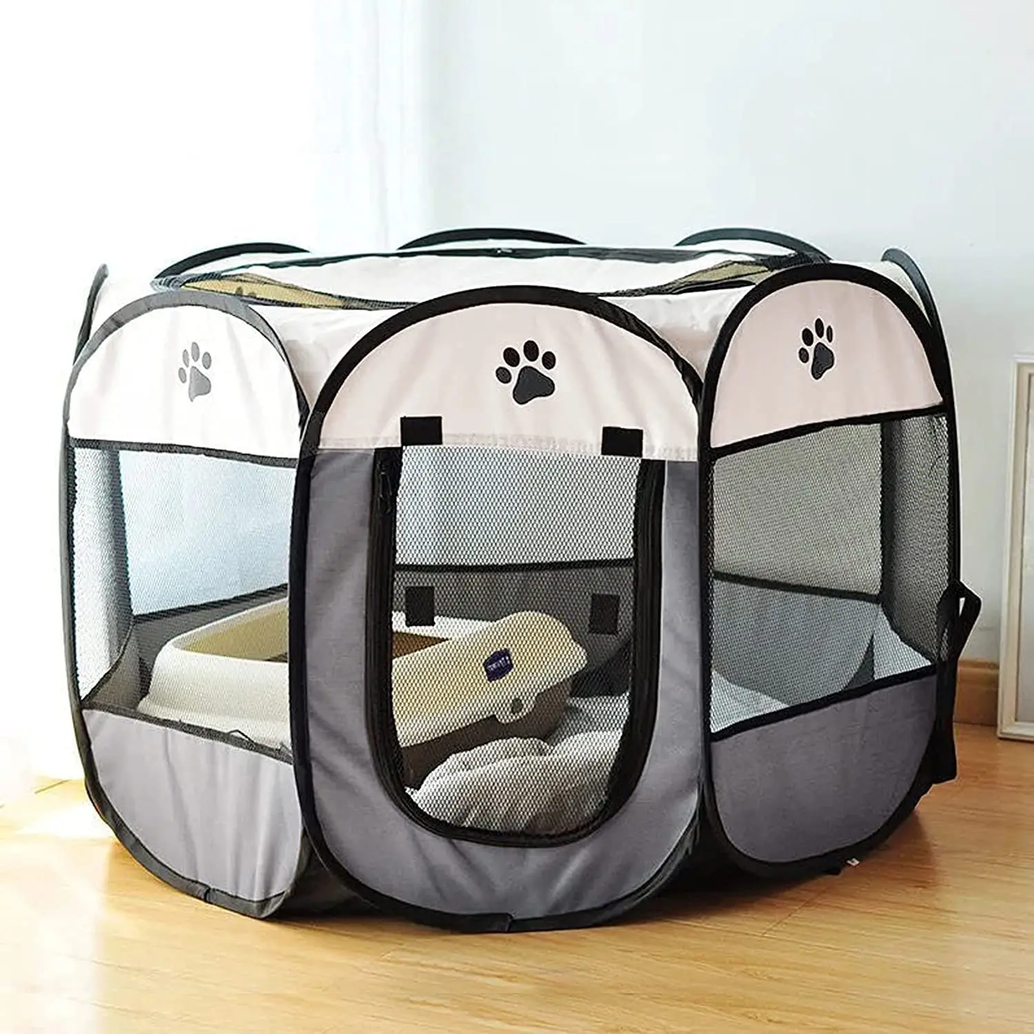 Premium Foldable Octagonal Pet Playpen Tent - Spacious and Scratch Resistant, Two-Color Design with Paw Print Decoration, Indoor/Outdoor Use, Portable Pet Pen