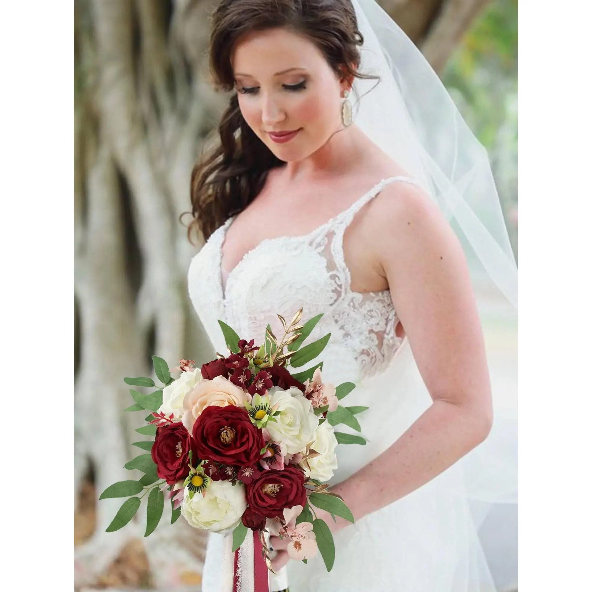 Rinlong 9-in Wide Wine-Inspired Berry-Hued Jewel Tone Burgundy Silk Cosmos & Oncidium Wedding Bridal Bouquet, Decorative Home & Festive Party Supply, Flower