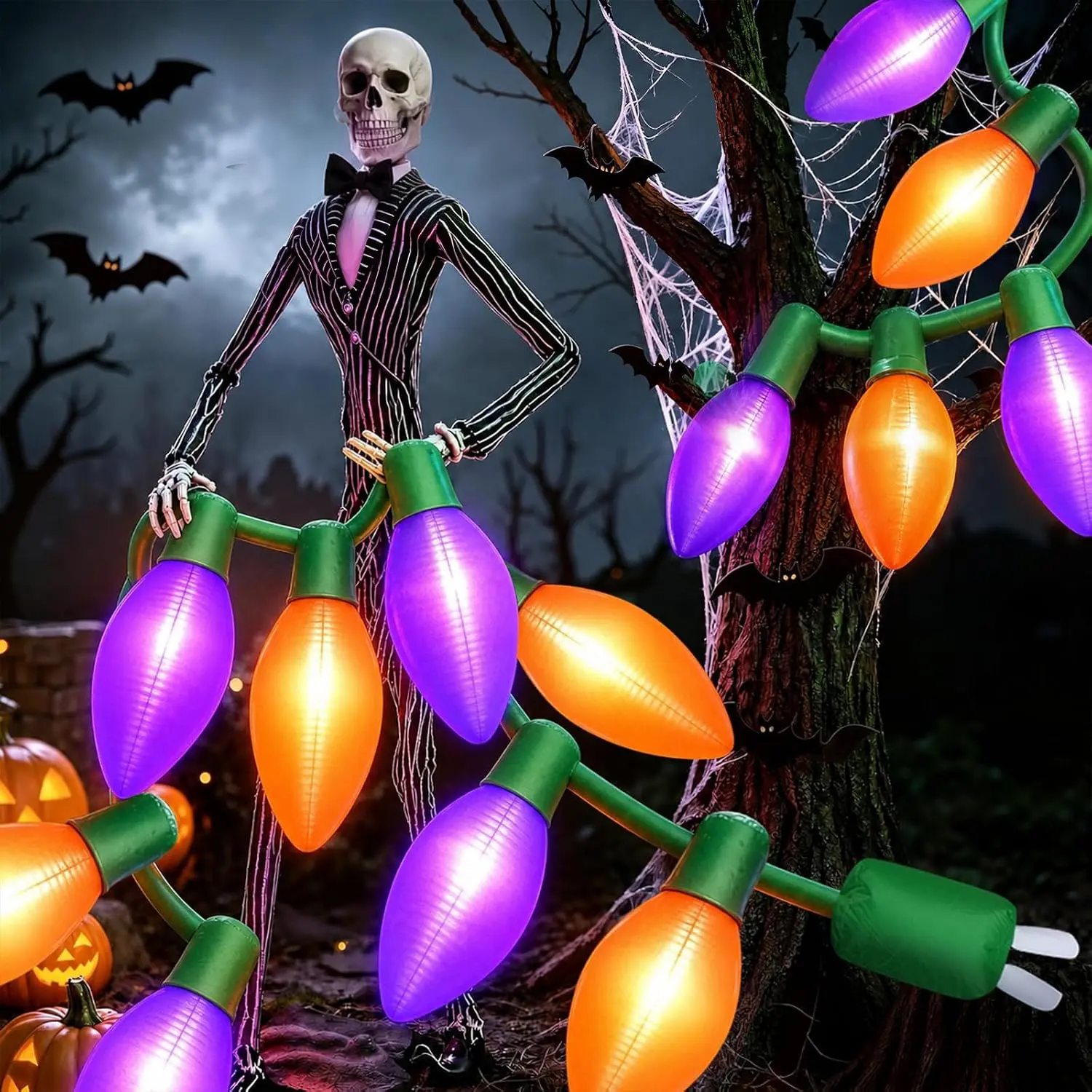 Blueweenly 17ft Halloween Giant Inflatable Light Bulb Outdoor Blow up Giant LED String Lights Built-in Automatic Blower Ground Spikes and Ropes for Summer Halloween Outdoor Holiday Gardens Lawns Decorspooky season decor, spooky yard decor, halloween yard