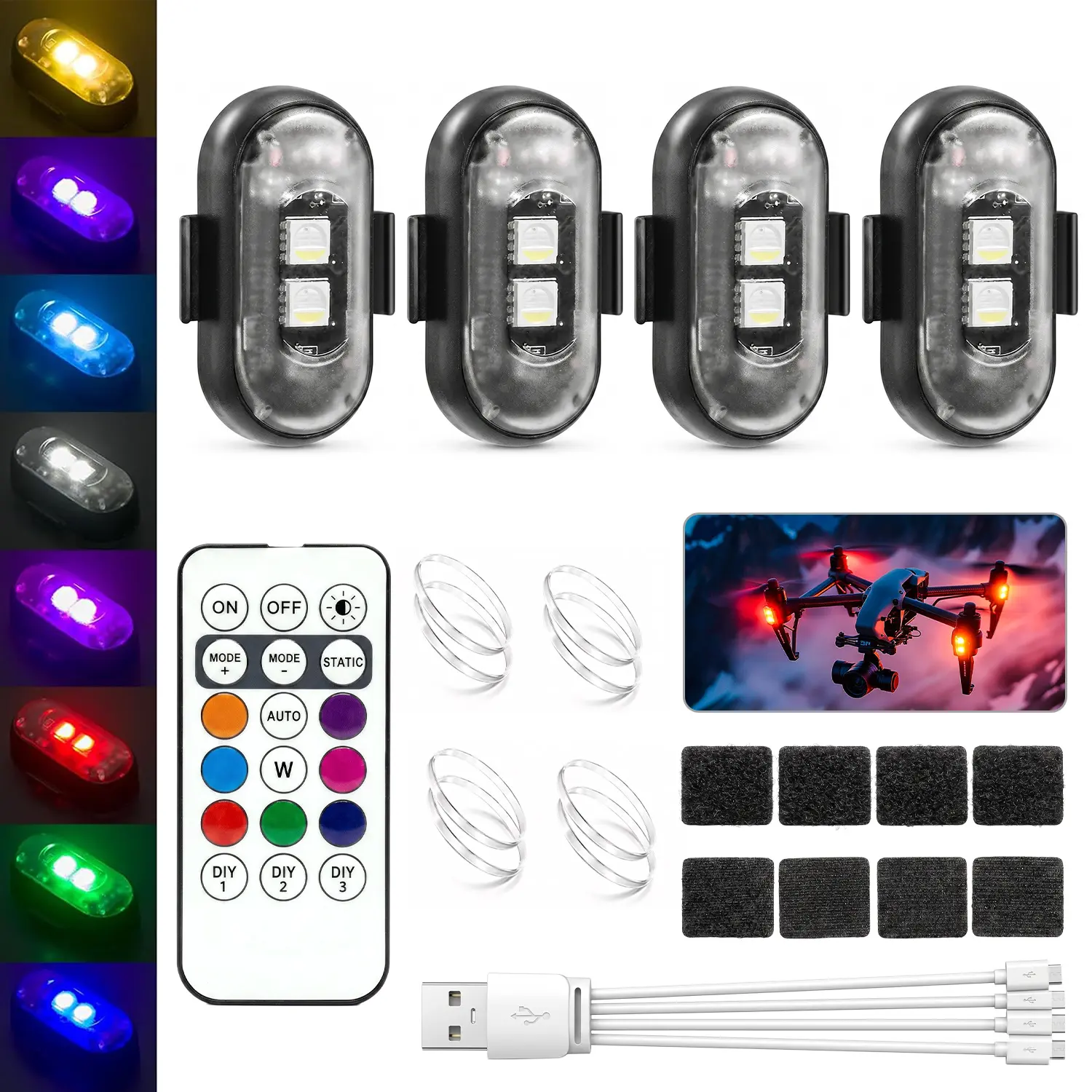 DUFIKKI Wireless LED Strobe Lights with Remote Control, 8 Colors & 10 Modes, USB Rechargeable IP65 Waterproof Safety Warning Lights for Car, Motorcycle, Truck, Bike, Drone & RC Aircraft