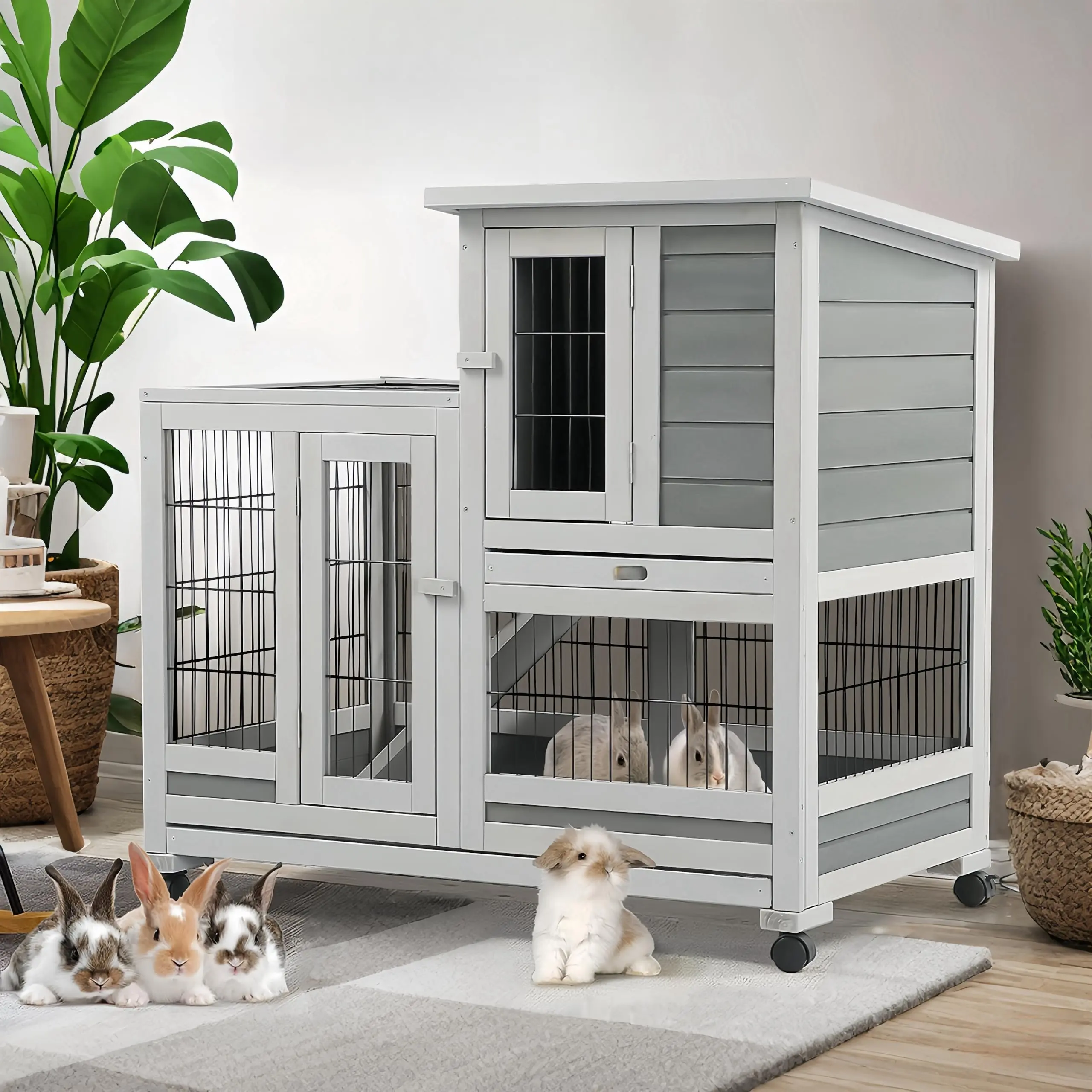 YODOLLA Indoor Rabbit Hutch with 2 Deeper No Leak Trays & 4 Casters, 37 Inch Rabbit Cage Pet House for Small Animals Outdoor Bunny Hutch with Run, Grey