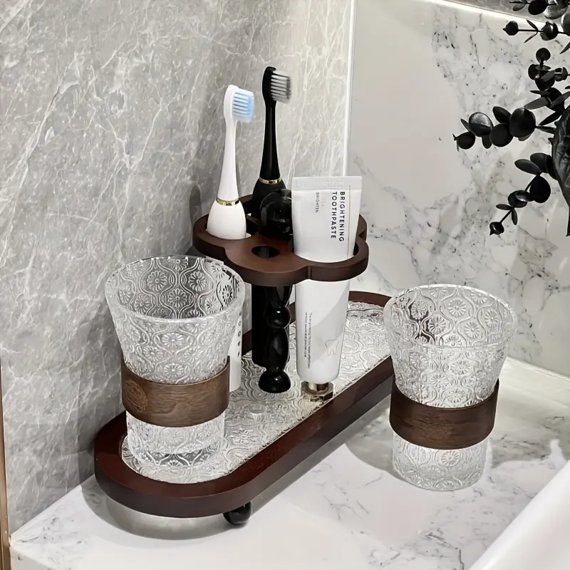 Vintage 2 Cups Toothbrush and Toothpaste Storage Rack Set for Bathroom Countertop Retro Style Vanity Organizer Bathroom Organizing Accessories with 1 Set Bathroom Accessories Set