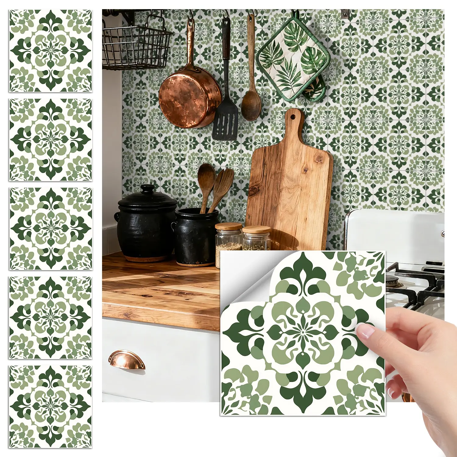 24PCS FHZ Classic Art Tile Retro Moss Green Floral Wall Stickers | PET Matte | Peel & Stick Removable Waterproof Oil-Proof for Kitchen Backsplash Bathroom Bedroom Office School