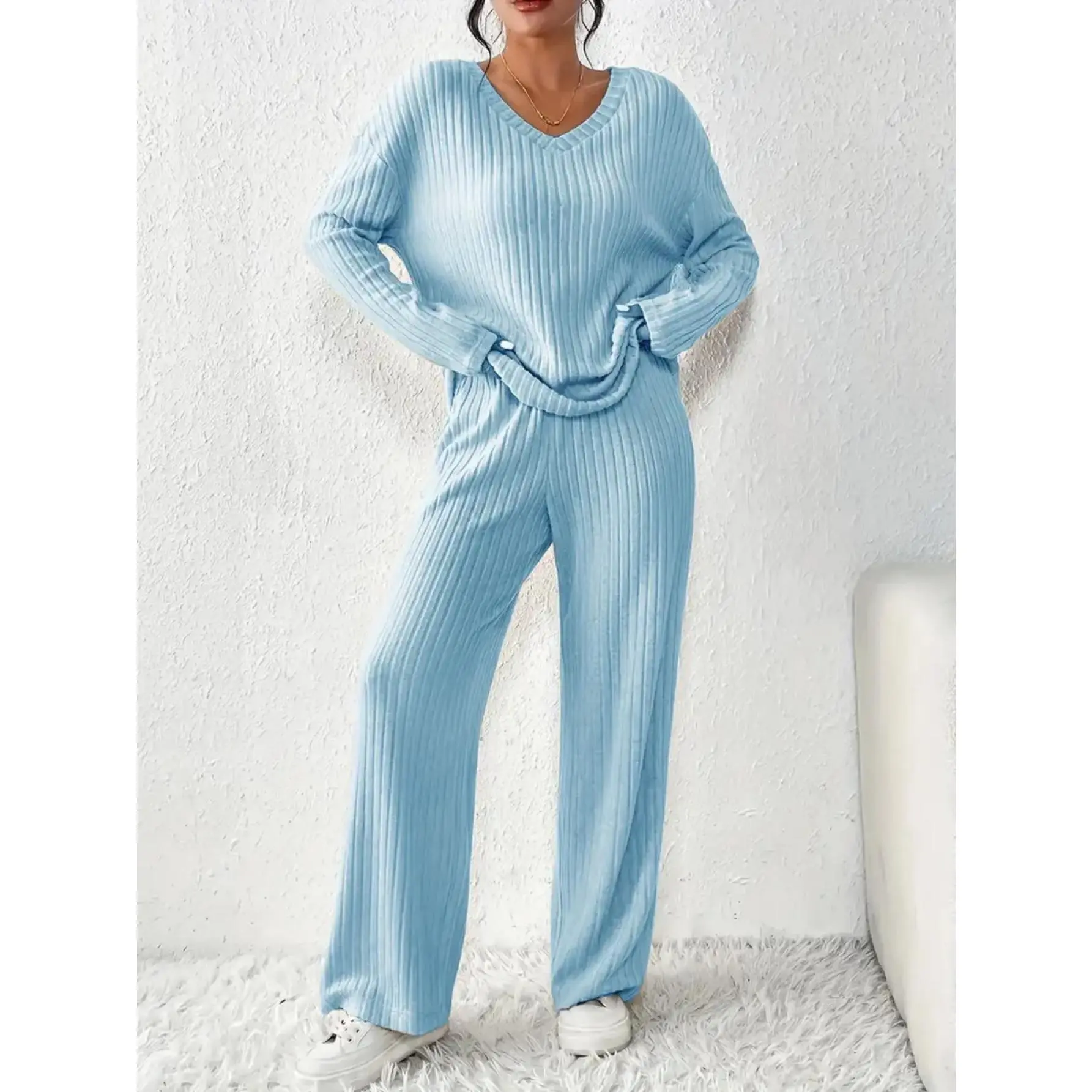 Women's 2-Piece Rib Knit Pajama Set, V-Neck Long Sleeve Pocketed Top and Straight Pants Loungewear Nightwear, Basic, Casual, Longsleeves, 2 Pcs Set