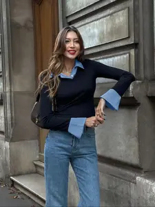 Women's Patchwork  2 in 1 Blouse, Casual Long Sleeve Collared Top for Spring & Fall, Women's Clothing for Daily Wear