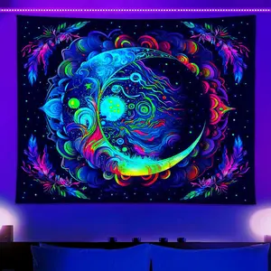 UV Reactive Tapestry, 1 Count Moon Mandala Tapestry, Bohemian Fluorescent Tapestry, Wall Hanging Decor for Home Living Room Bedroom