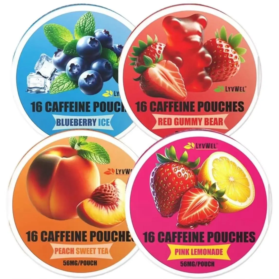Evergy Caffeine Pouches - 4 Jars 16 Pouches Jar - Blueberry Peach Pink Lemonade Strawberry Peach Energy Drink New Performance Energy Beverage Flavor Fruit
