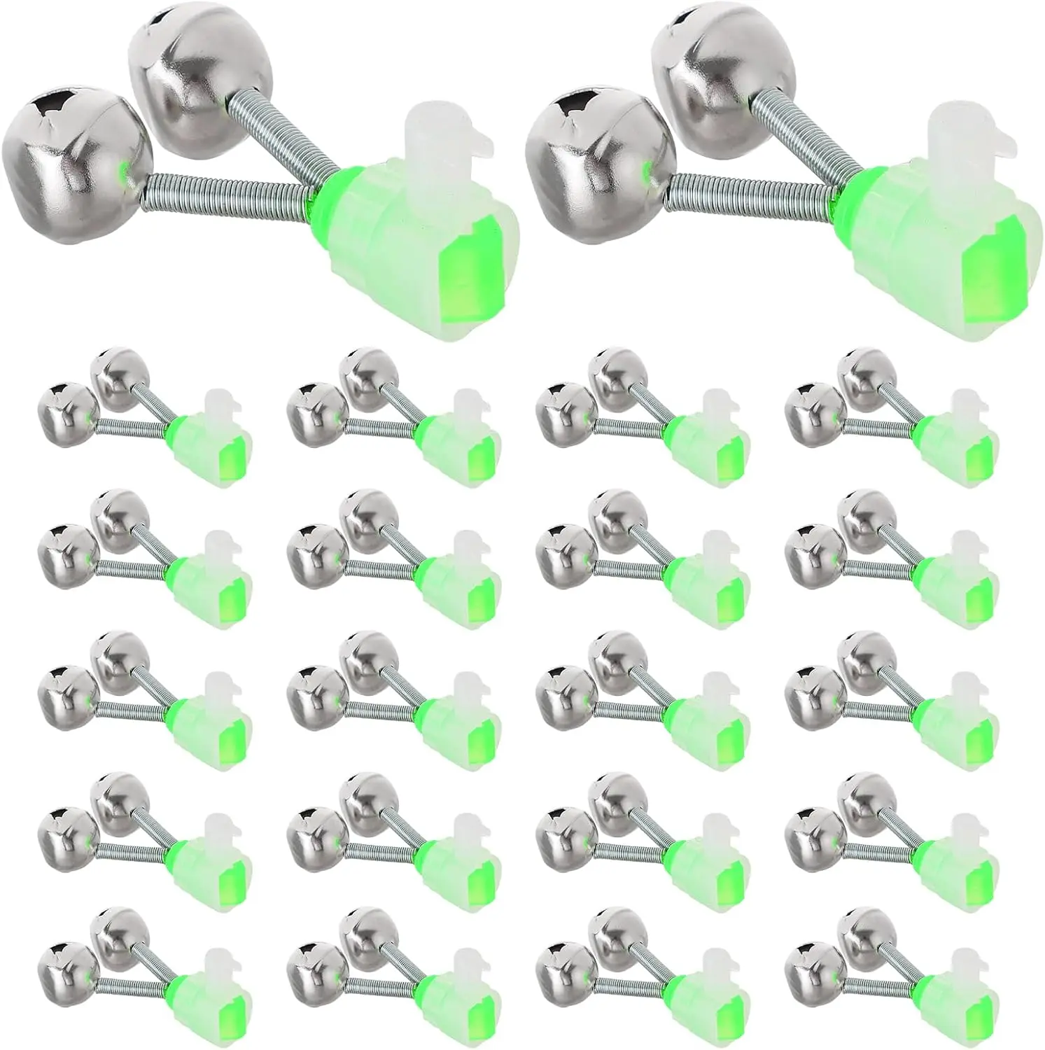 20PCS Fishing Rod Bells for Night Fishing, 1.89 Inch Green Double Bell Bite Alarms with Clips, Fish Bite Indicator Alert for Night Fishing, Clip-On Fishing Accessories for Pole Tips NATGAI