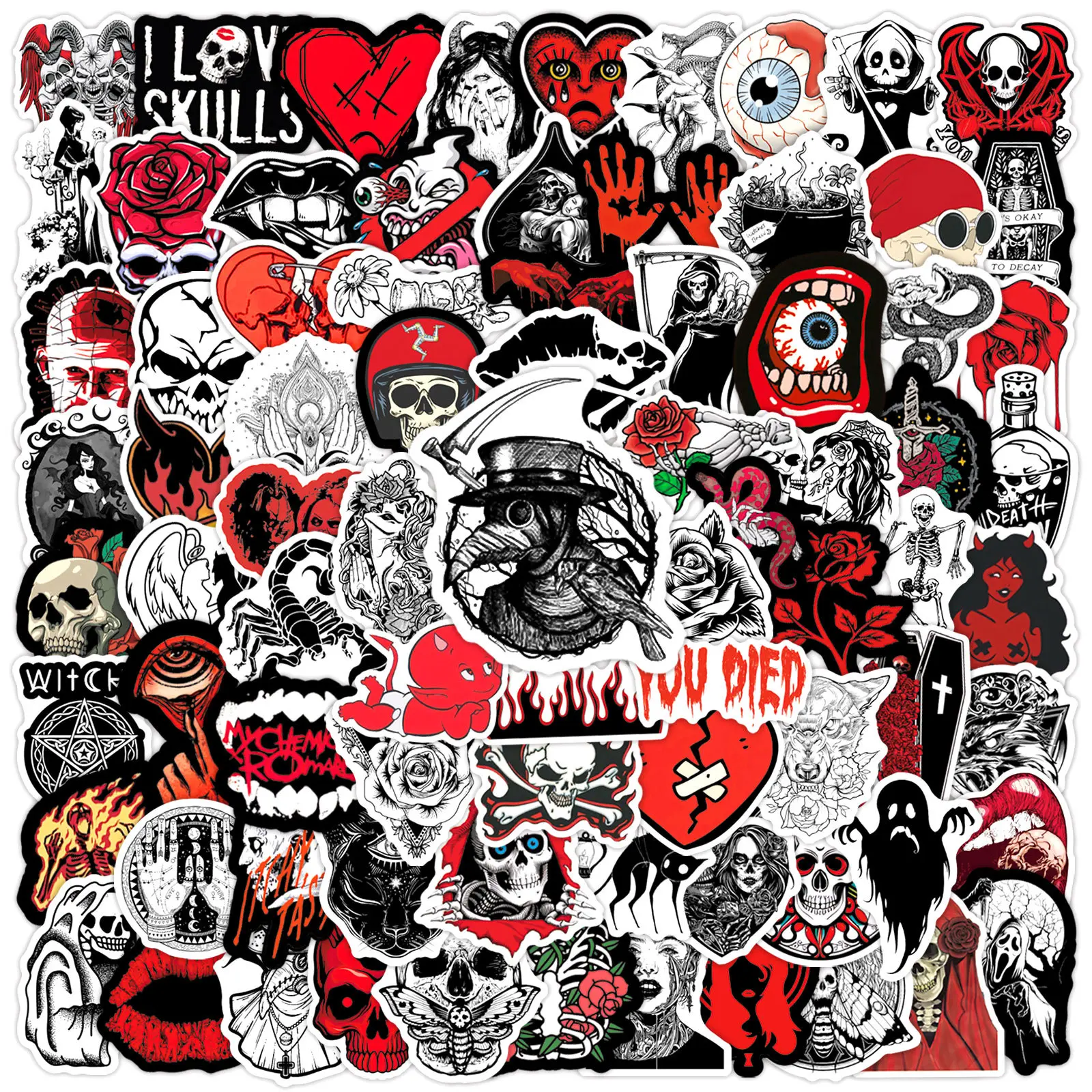 100 Black and Red Gothic Stickers, Decals Perfect for Scrapbooks, Journals, Notebooks, Water Bottles, Cars, and More. Faith-based Designs Make Great Gifts with Positive Messages. Premium Skull Stickers