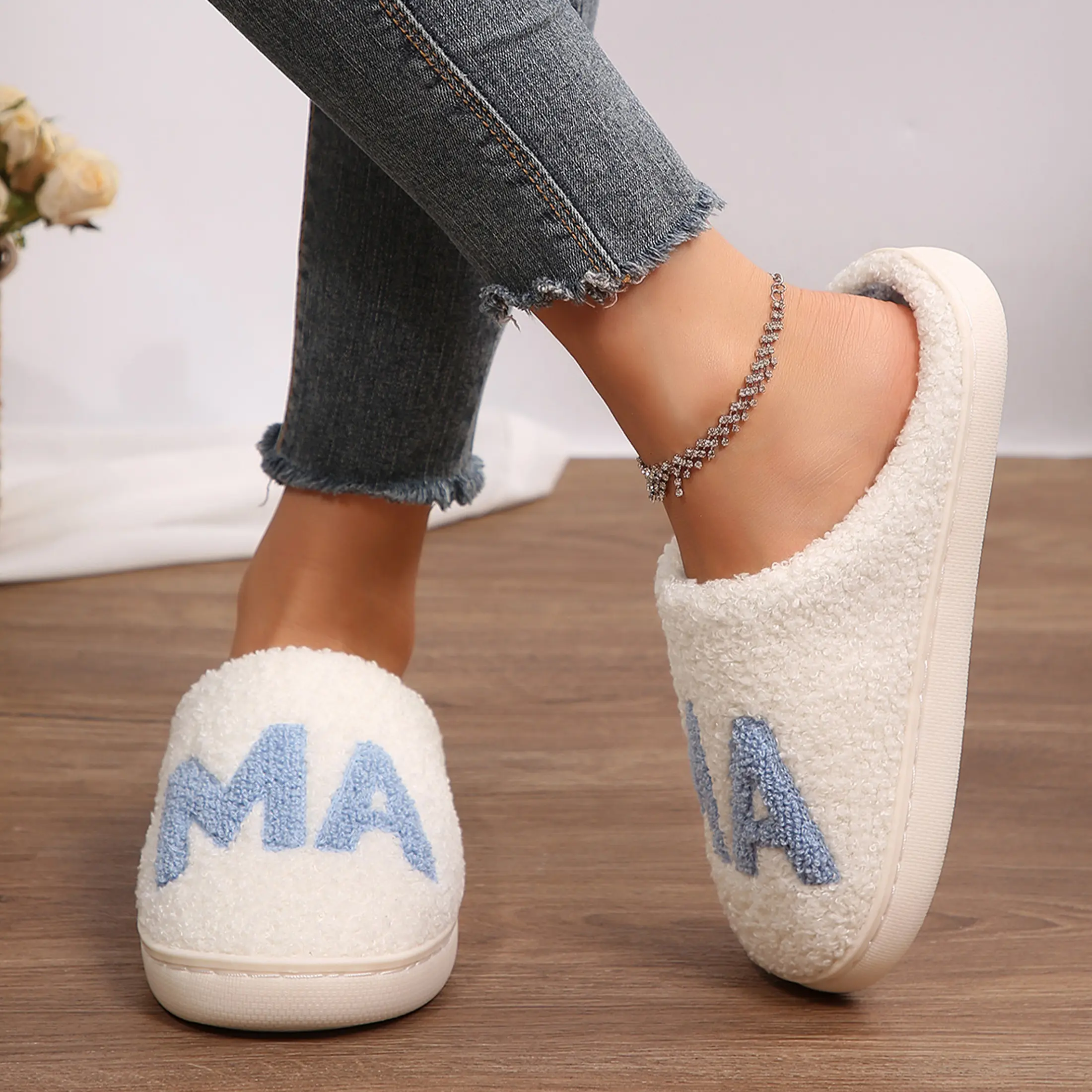 Women's Plush MA Design House Slippers Soft Fleece Anti-Slip Bottom Comfortable Home Wear