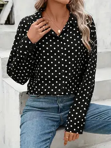 One women's black polka dot button-down long-sleeved Woven shirt, with a retro Vintage French style, featuring a sweet look, suitable for both casual and formal wear, Blouses, Womenswear, Top