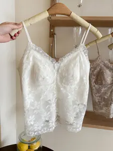 French lace camisole for women — thin layering top with built-in bra pads, slimming fit and beautiful back design