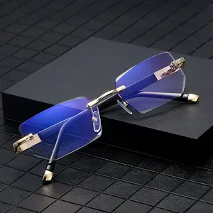 1 pair of blue transparent lens rimless reading glasses, unisex - reduces glare from computer, TV, mobile phone, and gaming screens, decorative glasses, Y2K style, great value, fashionable glasses, suitable for game rooms and offices