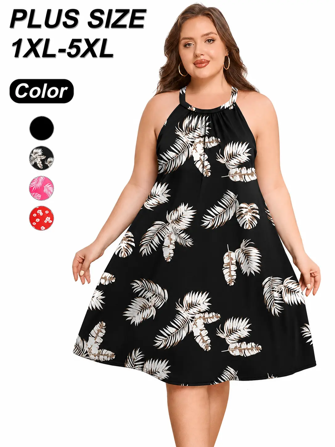 COOTRY Women's Plus Size (1xl-5xl) Built-in Bra Halter Skater Short Dress, Summer Casual Going Out Outfit