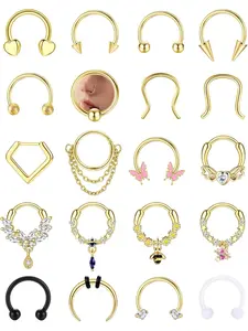 Elegant 20 Pcs Golden Cute Septum Rings Tiny Copper Acrylic Surgical Steel Nose Rings Hoops for Women Men 16G Septum Clicker Helix Piercing Dangle CZ Heart Butterfly Chain Septum Rings Horseshoe Septum Daith Piercing Jewelry Set
