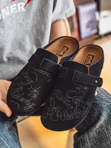 Men's Vintage Western Embroidered Suede Mule Clogs, Adjustable Buckle Slip‑On Slides, Soft Cork Footbed Non‑Slip Casual Slippers, Fashion Closed Toe Shoes for Daily Street Outdoor Summer Wear