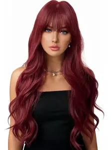 26Inch 99J Red Wine Long Wavy Wig with Bangs, Adjustable Rose Net Caps and High-Temperature Resistant Synthetic Wigs, Perfect for Daily Wear & Parties for Women, Synthetic Hair Wig