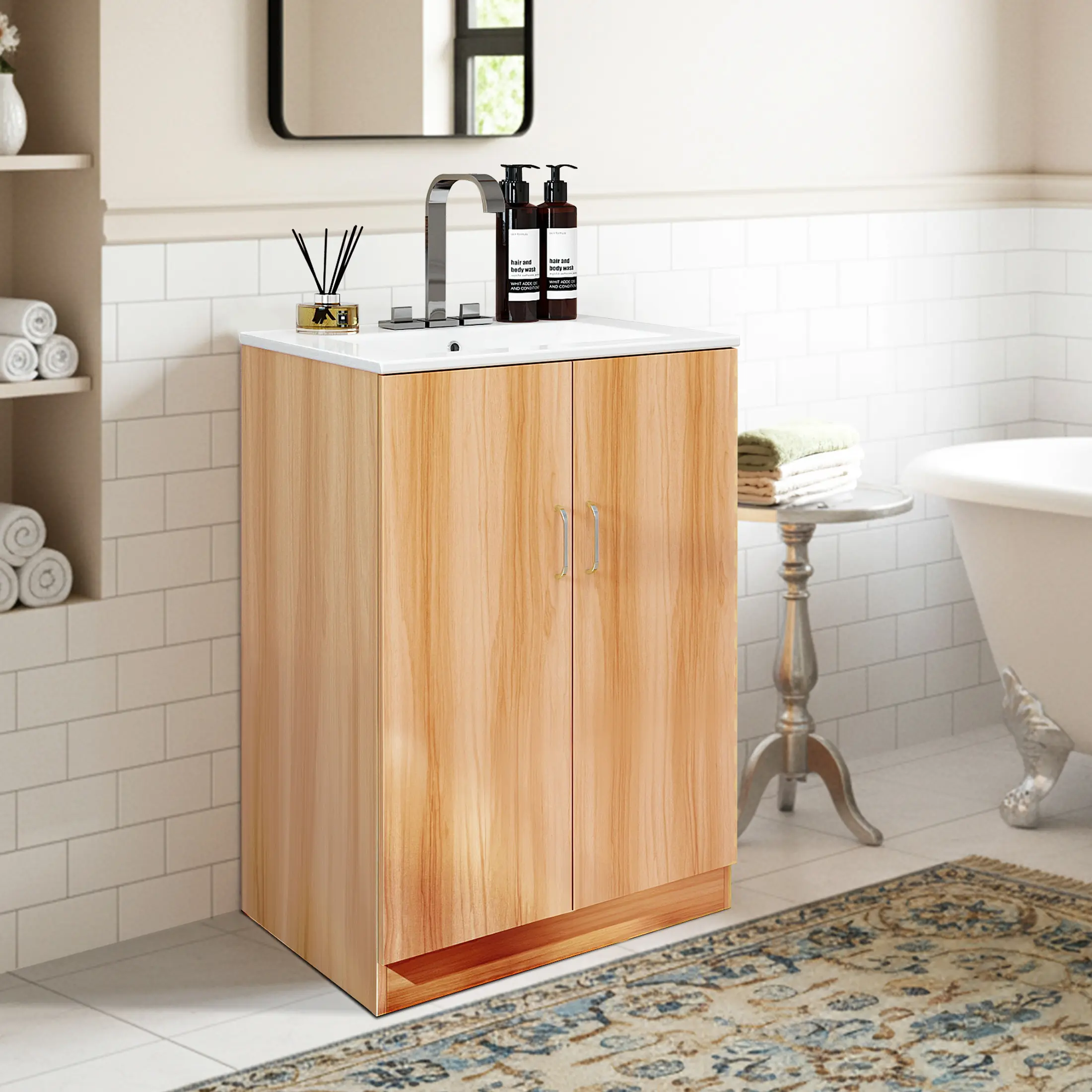 Sweetcrispy 24" Freestanding Wood Modern Waterproof Bathroom Vanity Combo Set - 24.17x18.31x34in MDF Cabinet, Undermount Ceramic Basin, 2 Doors, 1 Inner Storage Drawer, Quick-Install Organization, 4-inch Center-Mounted Faucet Compatibility