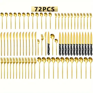 48 24 Piece Deluxe Golden Stainless Steel Cutlery Set, Portugal Western Steak Knives, Forks And Spoons Flatware Set, 12 Person Mirror Polish Families Hotels Silverware Set With Gift Box, Dishwasher Safe, Perfect For Restaurants, Parties And Gatherings