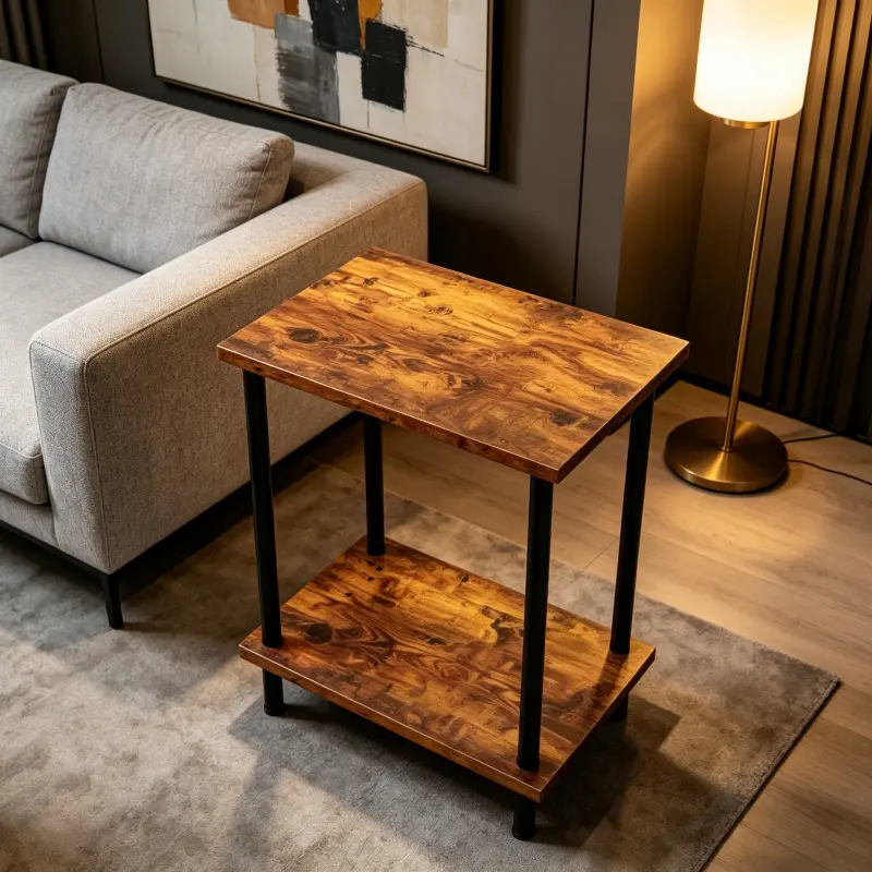 Industrial 2-Tier Side End Table, Rustic Wood Top Black Metal Frame Nightstand, Multifunctional Storage Side Table for Living Room Bedroom Sofa Corner Small Space