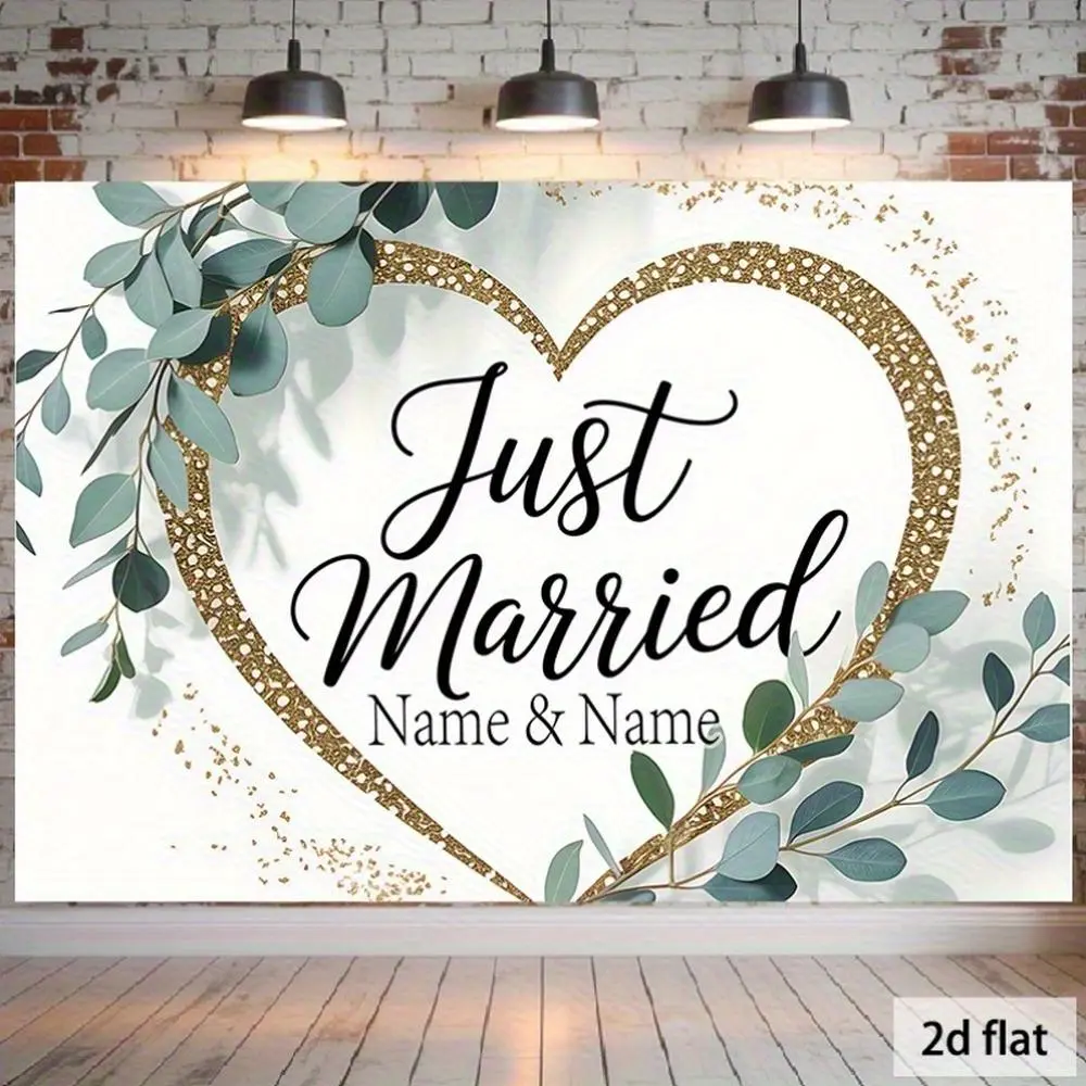 1PC Customizable 2D Flat Polyester Wedding Backdrop - Personalized Name, Gold Heart, Eucalyptus Leaves Design, Just Married Banner for Wedding, Birthday Decor, Photo Booth Background