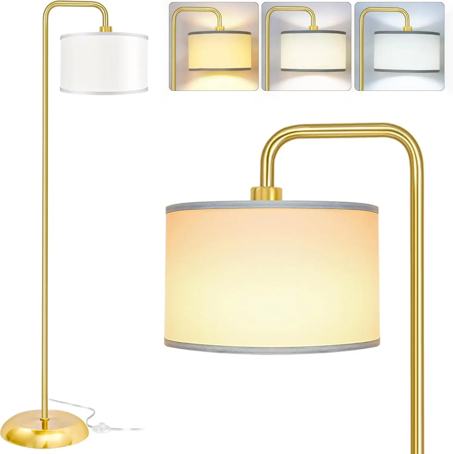 LED Floor Lamp for Living Room, 3 Color Temperature Floor Lamp with Foot Switch Modern Standing Lamp Tall Pole Floor Reading Lamp for Bedroom, Study Room, Office, 9W Bulb Included, Gold