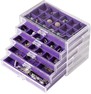 Organizer Earring Organizer Box with 5 Drawers Earring Holder Organizer with  Trays Clear  Box for Women Earring Display for Rings Studs(Purple)