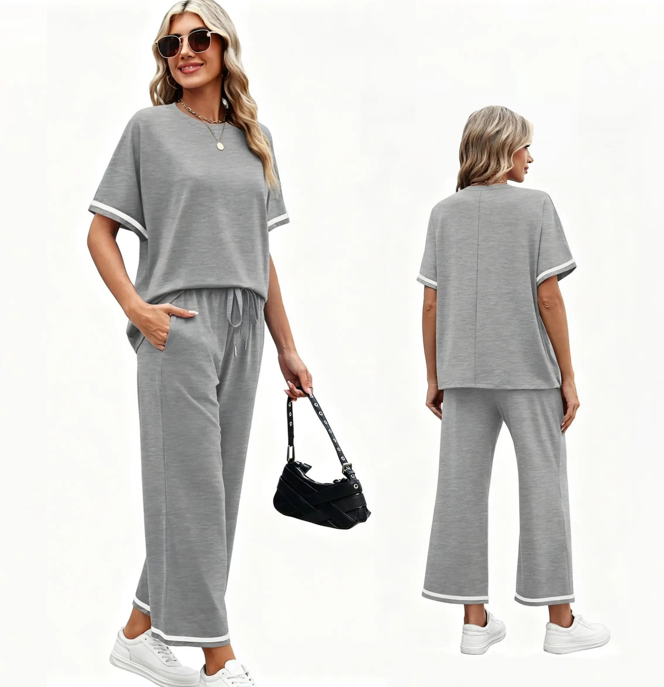 Women's Casual 2-Piece Clothing Set - Short Sleeves Polyester T-Shirt, Relaxed Fit Drawstring Pants for Summer Travel, Lounging, Holiday Relaxation, Drawstring Waist, Round Neck, + Shorts Pants & Top Sets, Multi-Size, Minimalist