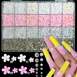 1 box of about 7000 pink and white nail accessories, including flat bottomed pearls and resin flowers, mixed size half bead decorative gemstones, suitable for DIY nail design crafts