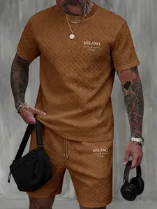 Men's Summer Round Neck Short Sleeve Tee + Sport Drawstring Shorts Set, Textured Jacquard Fabric, Italian Casual Style, Breathable and Stylish