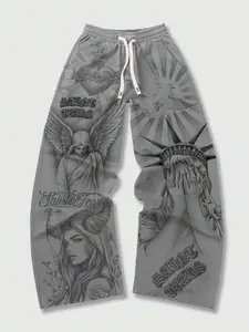 Street Life Men's Casual Wide Leg Religious Style Pants, Men's and Women's Grey Christian Casual Sanitary Pants, Angel Sacred Heart Saint Printed Autumn/Winter Sports Pants Virgin Mary, Casual Streetwear Trousers