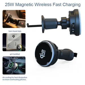 Magnetic Phone Charger, T13 QI2 Magnetic Car Wireless Charging Holder with 25W Fast Charging, Night Light, Air Cooling Heat Dissipation for iPhone and MagSafe-Enabled Phones