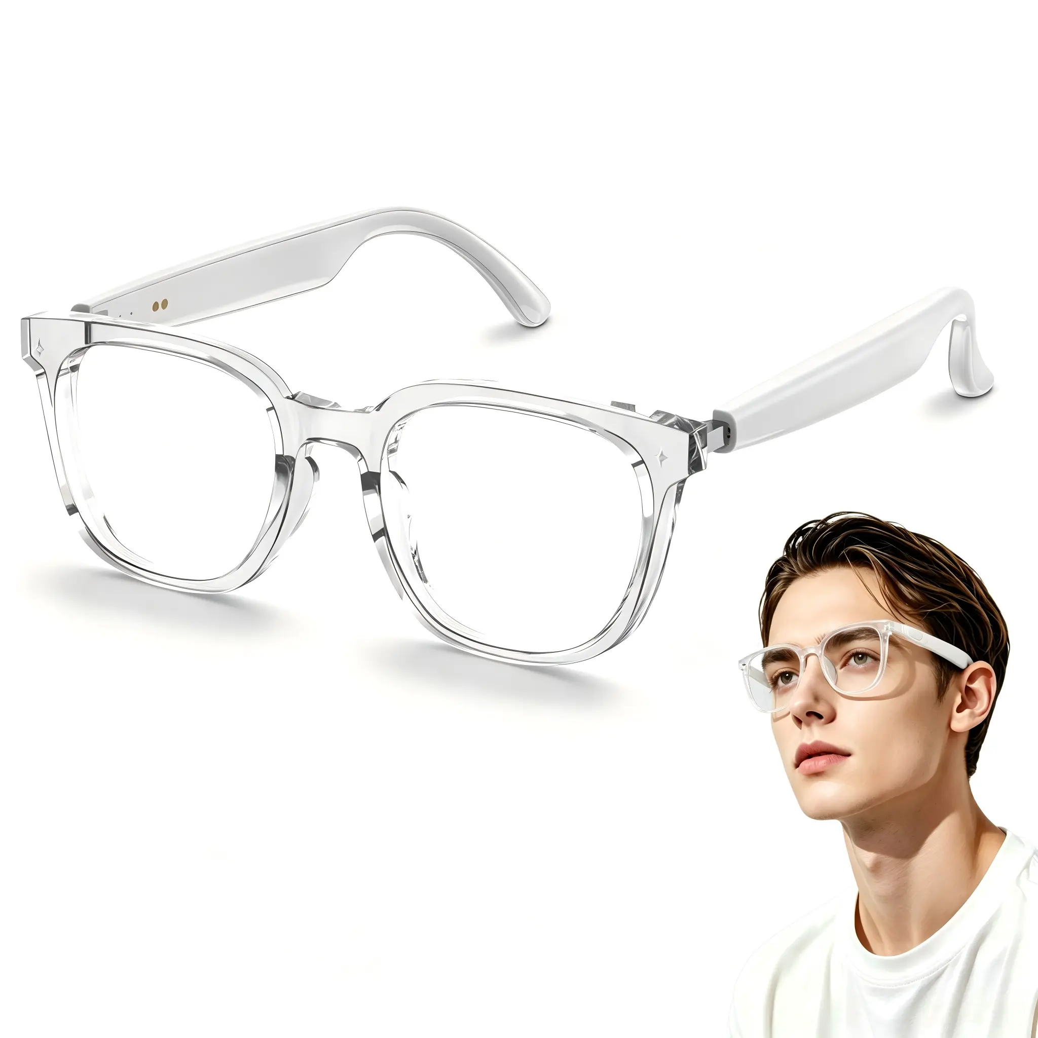 Casual Unisex Smart Glasses with Open-Ear Audio, 35g Lightweight Frame with Transparent Anti-Glare Lenses, Rechargeable 6-8 Hour Battery & AI App for Translation