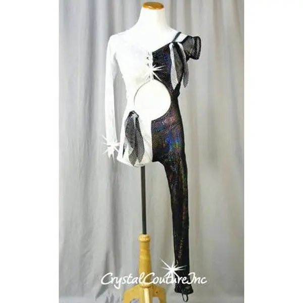 Black and White Lycra/Open Net Mesh Body-Tard - Swarovski Rhinestones