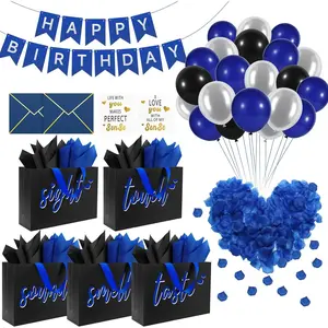Gift Bags for Him with Labels & Tissue Paper| Happy Birthday Decorations Kit with Banner, Balloons, Rose Petals, Envelope, Card for Men, Boyfriend, Husband(Black - Blue lettering)