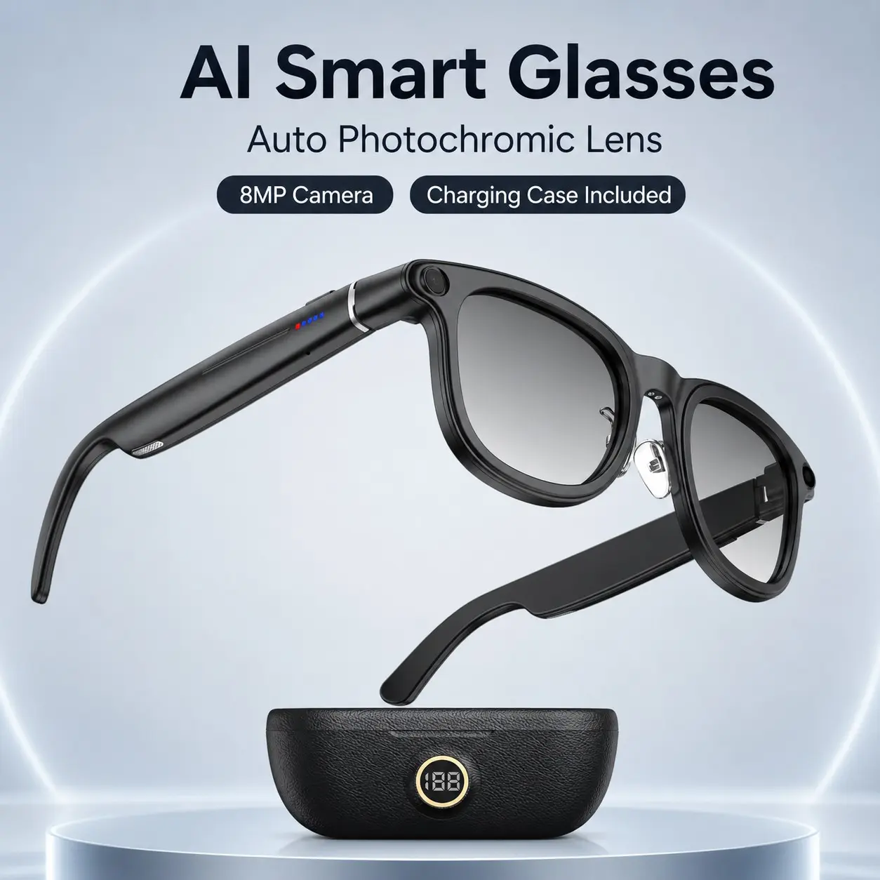 8MP Camera Smart Glasses with AI Voice Assistant, Wearable Tech Glasses, 100+ Language Translation, Speech-to-Text Recording, Dual-Mic Noise Cancellation, 220mAh + 3600mAh Power Bank, LED Battery Display, Bluetooth 5.3, Photochromic Lens