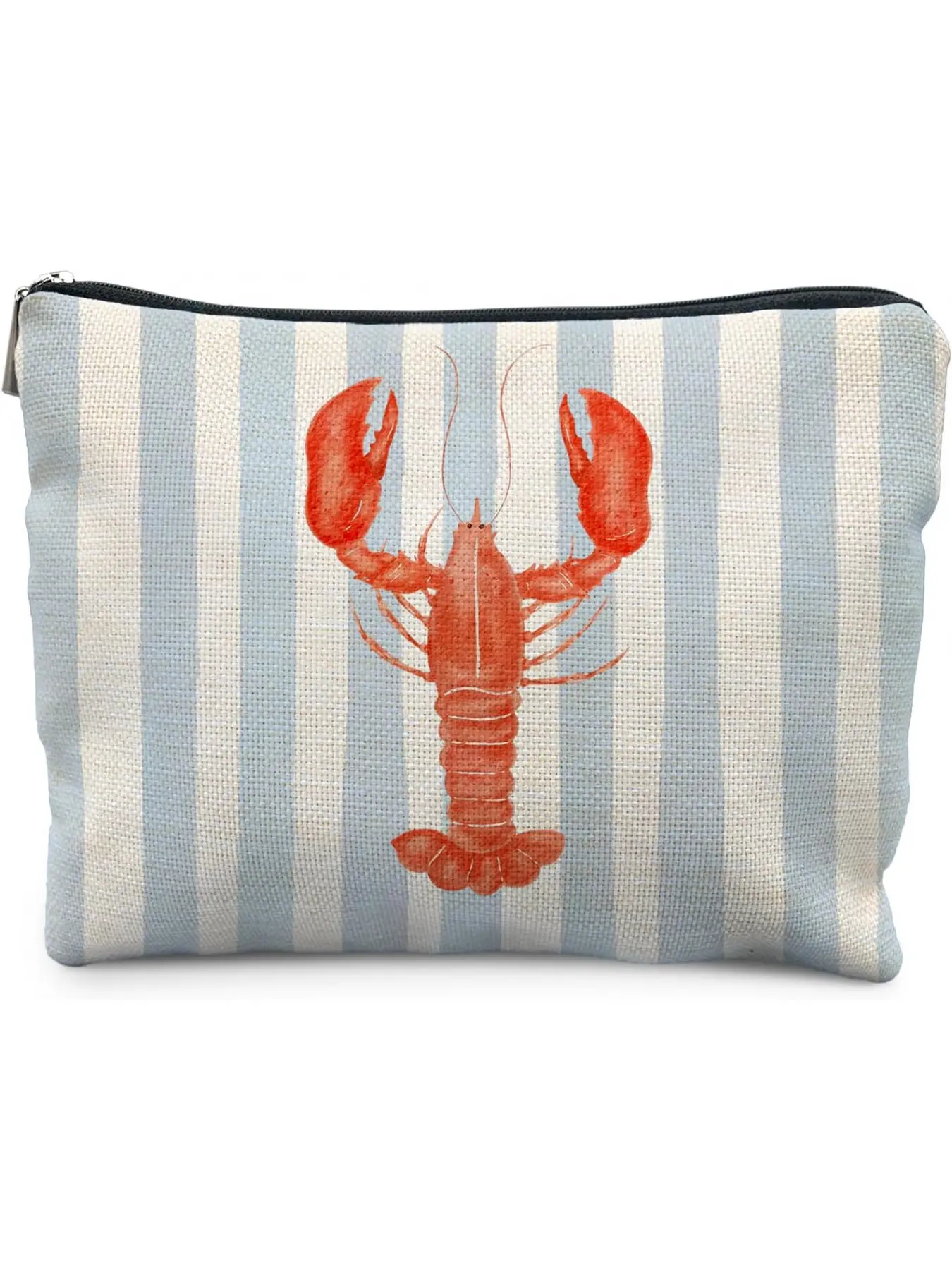 Beach Red Lobster Makeup Bag for Women, Lobster Gifts, Coastal Ocean Beachy Nautical Cosmetic Bag for Purse, Blue and White Striped Crawfish Makeup Zipper Pouch, Cosmetics Bag, Cosmetic Travel Bags