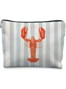 Beach Red Lobster Makeup Bag for Women, Lobster Gifts, Coastal Ocean Beachy Nautical Cosmetic Bag for Purse, Blue and White Striped Crawfish Makeup Zipper Pouch