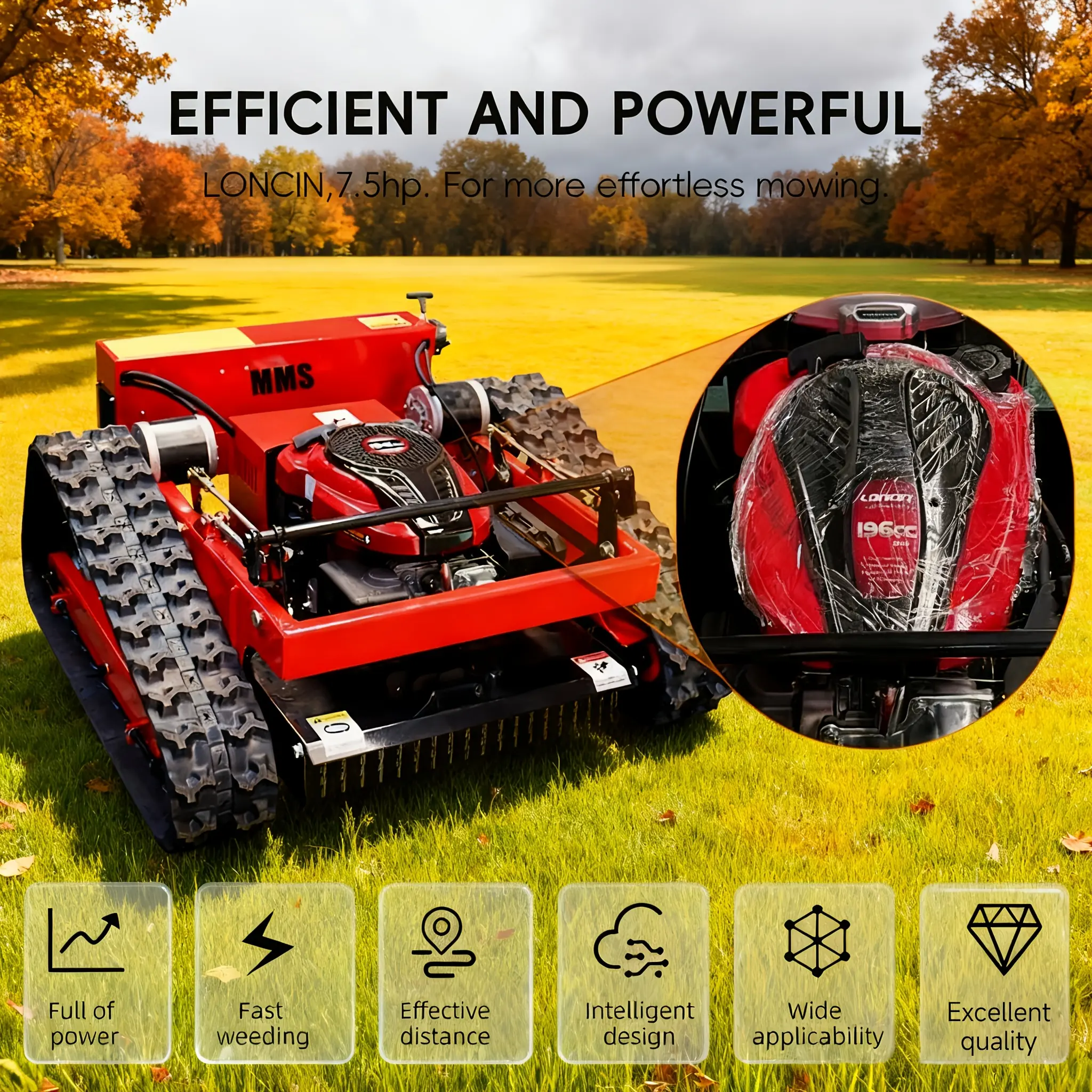 Remote-controlled lawn mower, 35° slope tracked lawn mower, adjustable mowing height, all-terrain lawnmower, available in stock