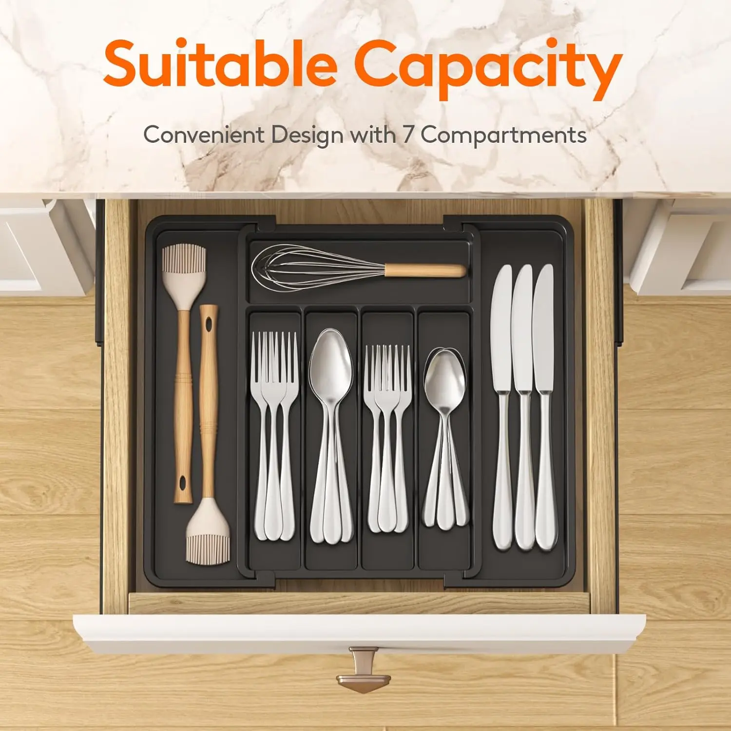 Expandable Silverware Organizer, Plastic Utensil Tray for Kitchen Drawer, BPA Free Flatware Cutlery Holder, Space-Saving Storage for Spoons Forks Knives, 8.5-14 x 12 x 1.5 inch, Black