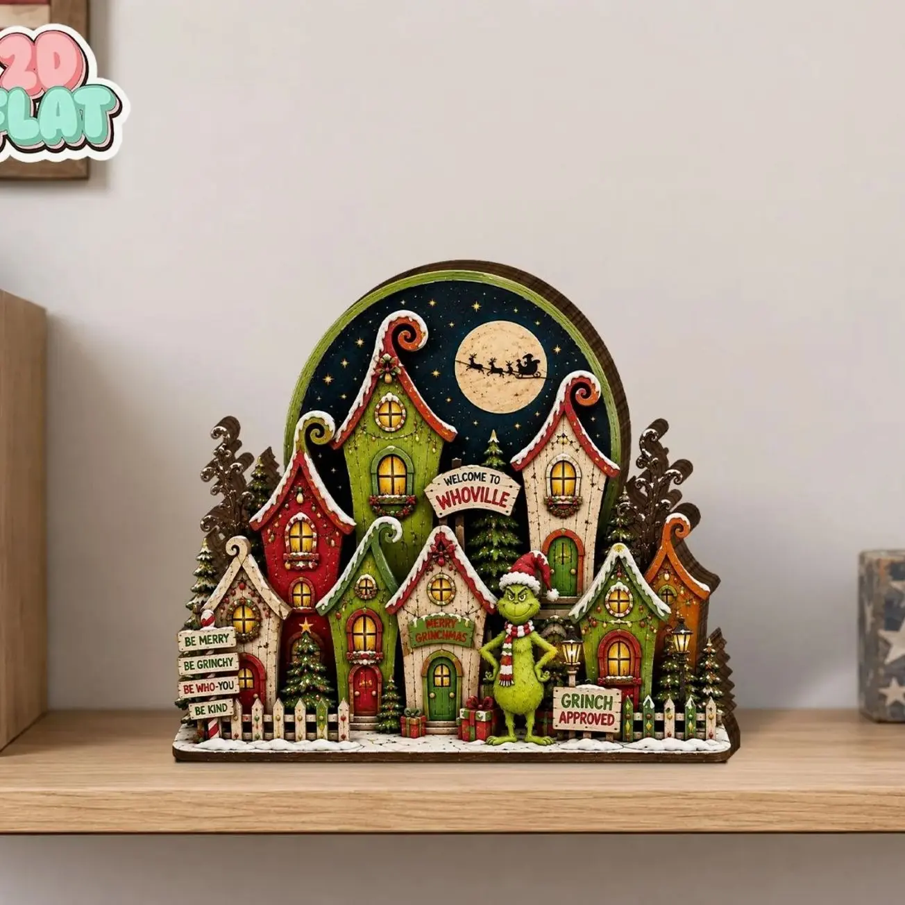 Grinch Christmas Wooden Block Sign, Whoville Village Shelf Sitter, Grinchmas Decor, Whimsical Christmas Home Decor, Grinch Lover Gift