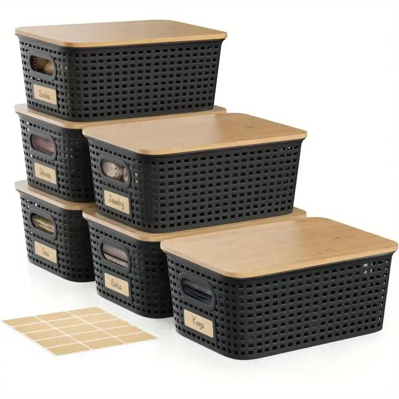 6-Pack Wicker-Style Storage Boxes with Bamboo Lids – Study & Makeup Organizer Black 6Pc jewelry organizer makeuporganizer jewelry box fridge organizer stackable storage bins stackable storage bins stackable storage bins adhd organization products water