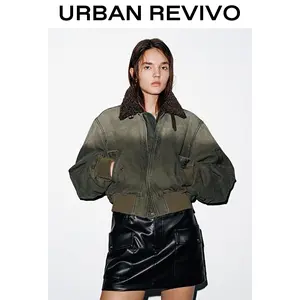URBAN REVIVO Women's Contrasted Collared Neck Padded Long Sleeve Bomber Jacket - Casual Outerwear Tops Clothes, Comfortable Elegant Style Statement Coat, UYV150067