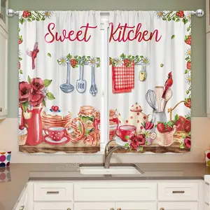 Rustic Farmhouse Kitchen Curtains Small Short Strawberry Floral Fruit Dessert Wood Board Red Watercolor Rod Pocket Country Daisy Bedroom Living Room Fabric 2 Panels 27.5Wx39H Inch