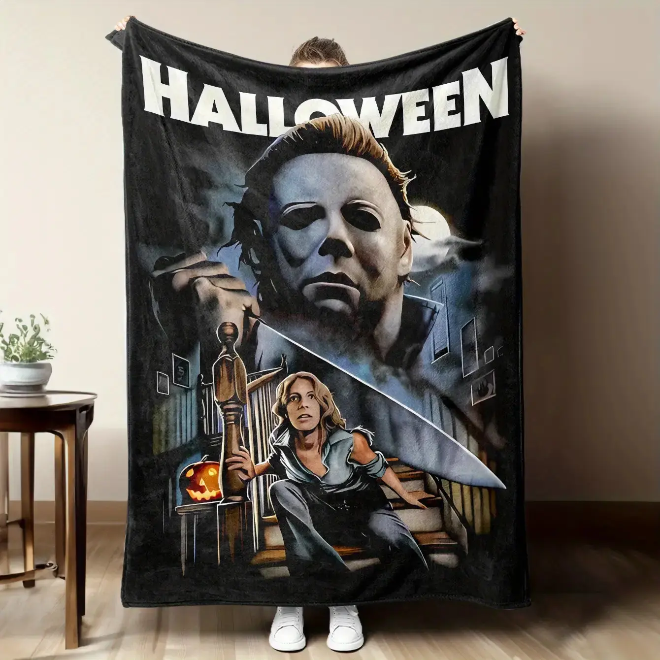 Halloween Michael Myers Horror Movie Themed Printed Soft Flannel Throw Blanket - All-Season, Warm, Suitable for Sofa, Bedroom